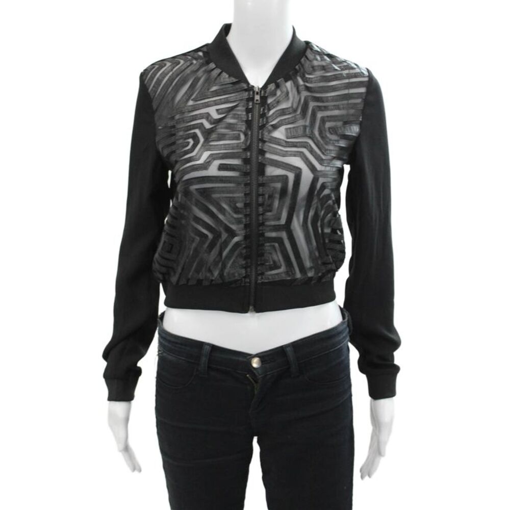 Lucy Paris Womens Long Sleeve Front Zip Mesh Trim Jacket Black Size Extra Small